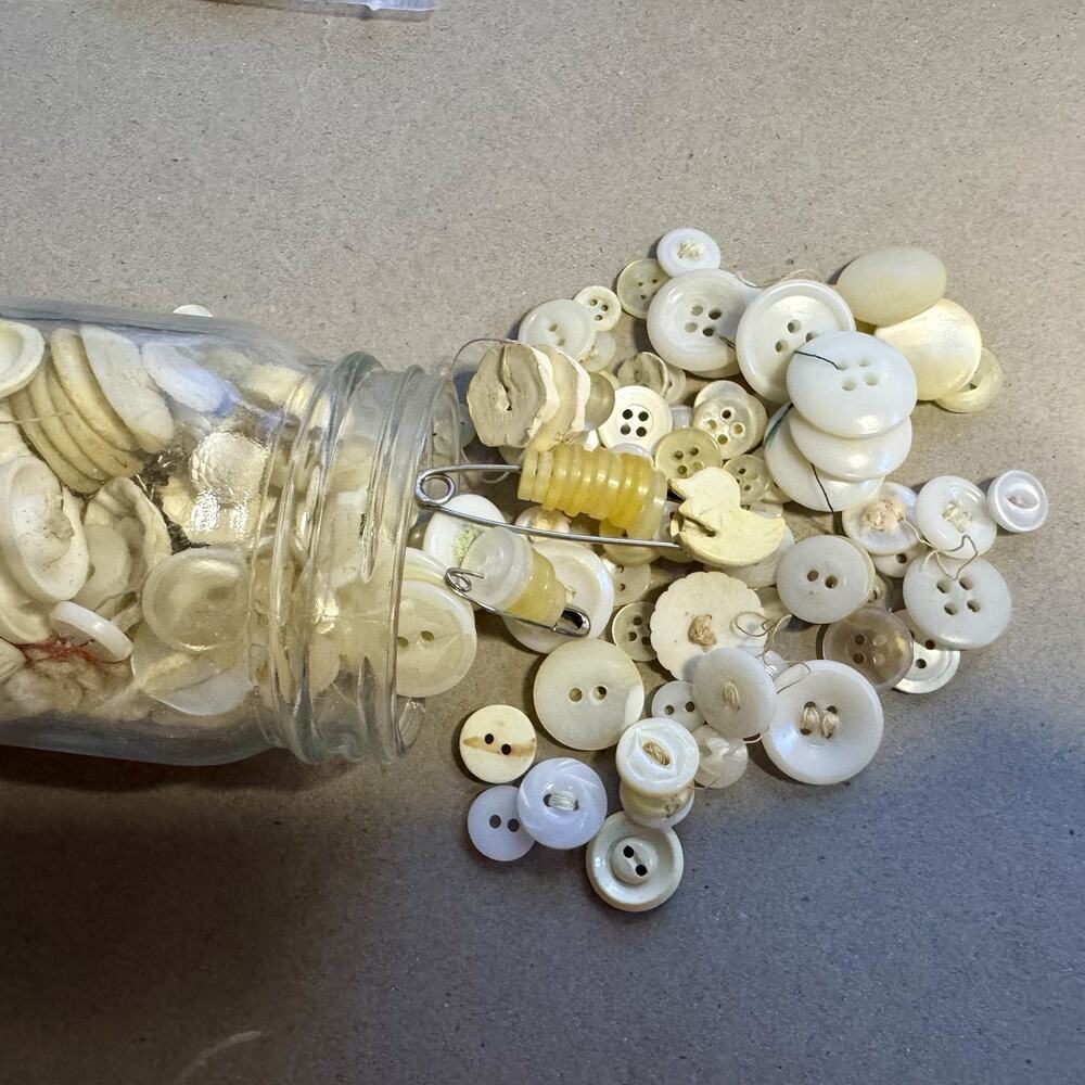 Vintage White Button Lot in Gmom’s Jar Mixed Materials Sizes Craft Sewing Bulk